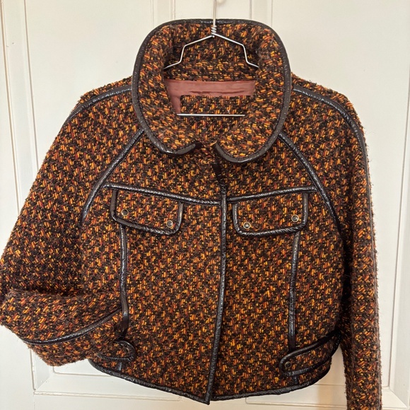 Bomber Jacket Brown and Orange Tweed Wool Boucle Size M-L - Picture 1 of 8